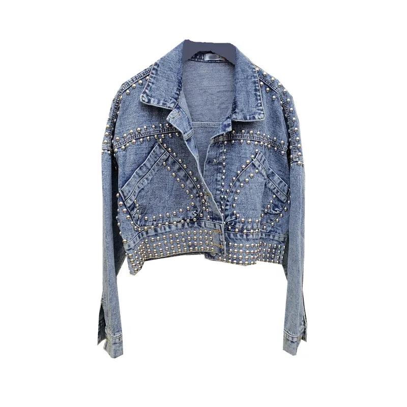 2019 Women Harajuku Denim Coat Heavy Hand Beaded Rivet Short Jeans Jackets Spring Autumn Lady Casual Loose Single Breasted | Женская
