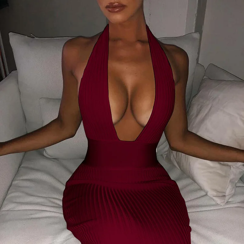 

Traf Summer Women Bodycon Long Midi Dress Sexy Deep V-neck Backless Fishtail Dress Tight Hollow Out Dress Elegant Party Outfits