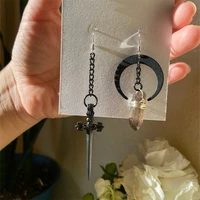 punk smokey quartz crystal celestial moon and sword asymmetrical dangle earrings gift for women friends new fashion jewelry