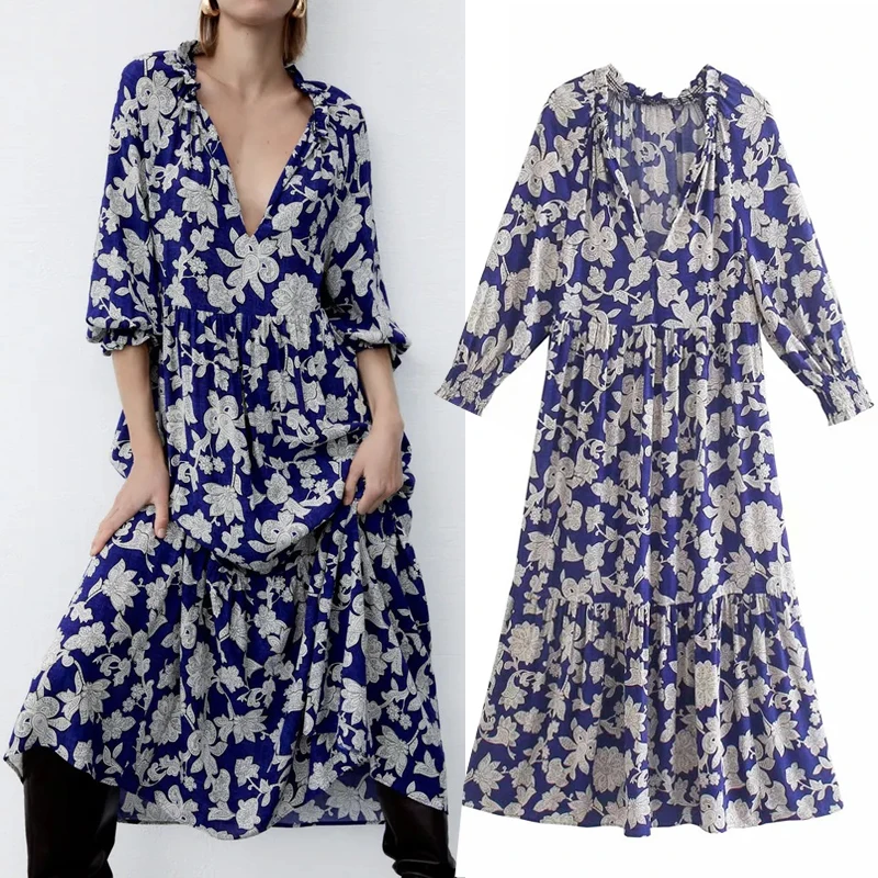 

Za Floral Dress Woman Oversize Blue Long Dress Women Ruffle Long Sleeve Summer Dresses 2021 Ladies Ruched Casual Dresses