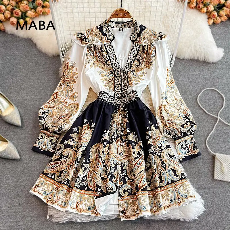 Женское короткое платье с V-образным вырезом длинным рукавом и оборками | Женская