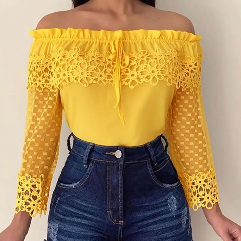 Женская кружевная блузка с открытыми плечами желтая Повседневная Блузка вырезом