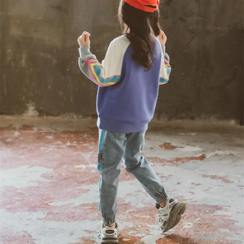 New Autumn Spring Girls Clothing Suits Pullover Kids Colored Cotton Sweatshirt Tracksuit Sport Suits Outwear Jean Pants