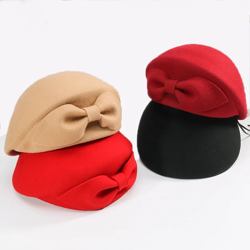 2022 Ladies Red Wedding Hat For Women Vintage 100% Wool Felt Pillbox Hats Black Fascinator Winter Fedoras Bow Beret Church Hats