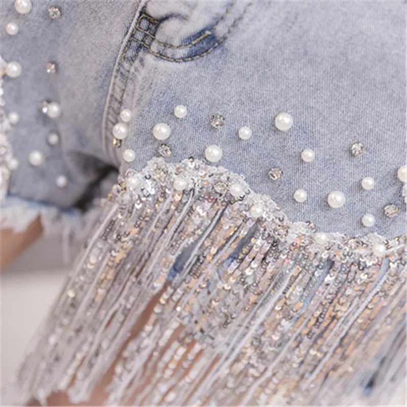 2023Summer New Casual Y2K Beaded Tassel Diamond Female High Waist Shorts Jeans Women Fashion All-Match Hot Pants Lady Clothing images - 6