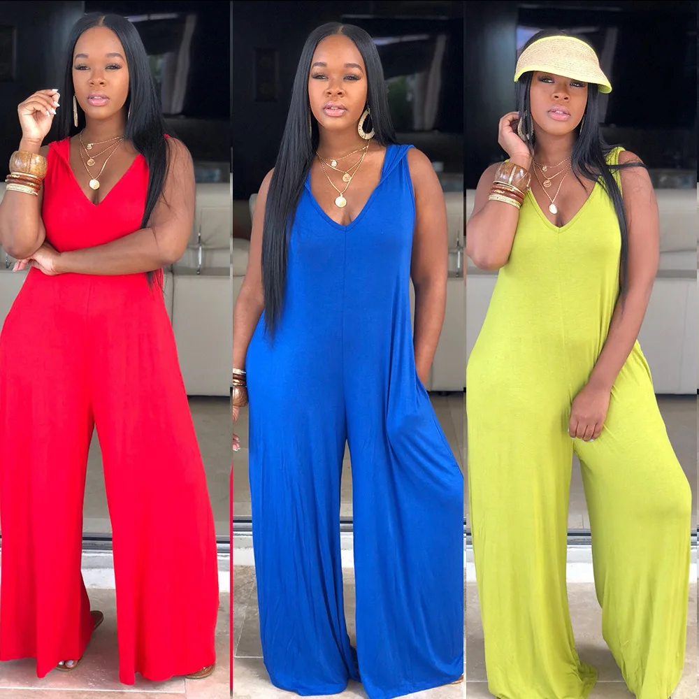 

V-neck Strap Loose Hooded Jumpsuit Women Summer Fashion Casual Sleeveless Wide-leg Jumpsuit Women