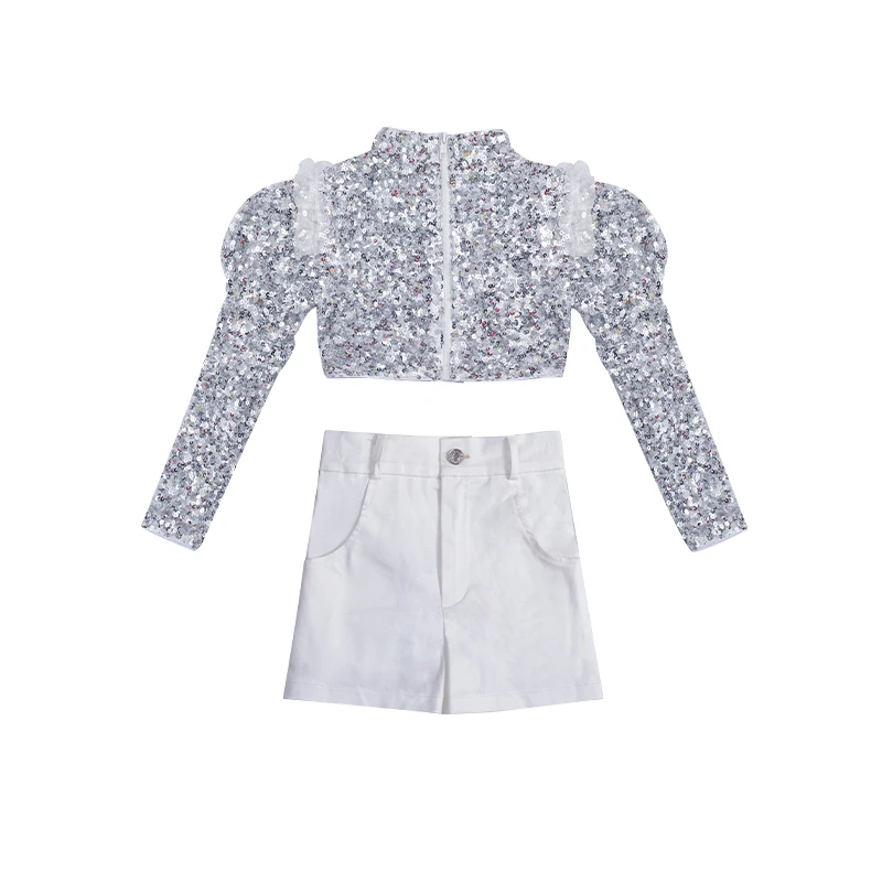 

Shiny Silver Sequin Tops White Shorts For Girls Modern Dance Clothes Kids Street Dance Performance Outfits Hip Hop Suit DQL5312