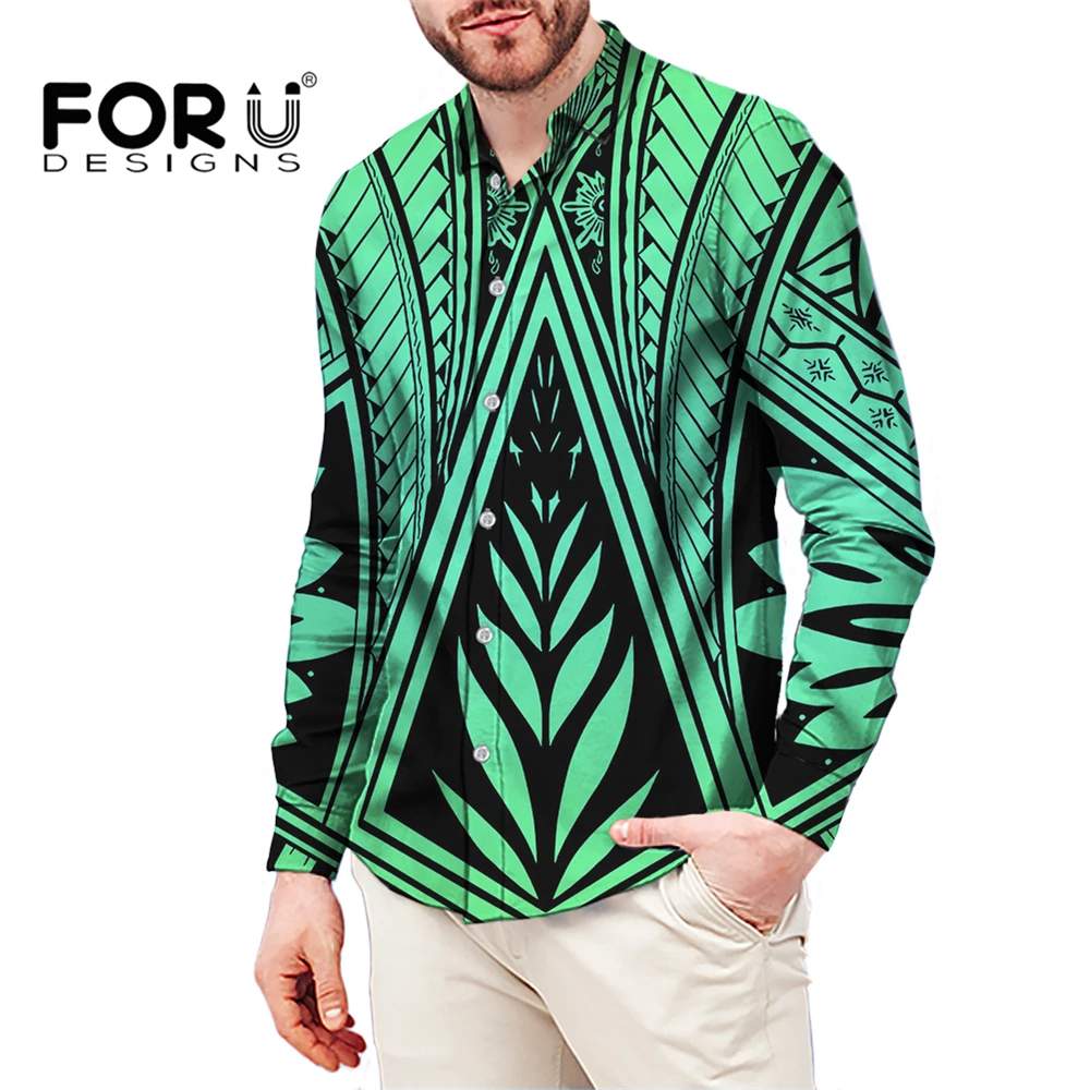 

FORUDESIGNS Green Polynesian Mens Striped Shirt Long-Sleeve Classic-Fit Printed and Button Up Hawaiian Shirt Casual Dress Shirt