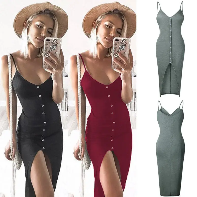 

New Fashion Women Bandage Bodycon V Neck Sheath Slim Sleeveless Evening Party Pencil Mid Calf Dress