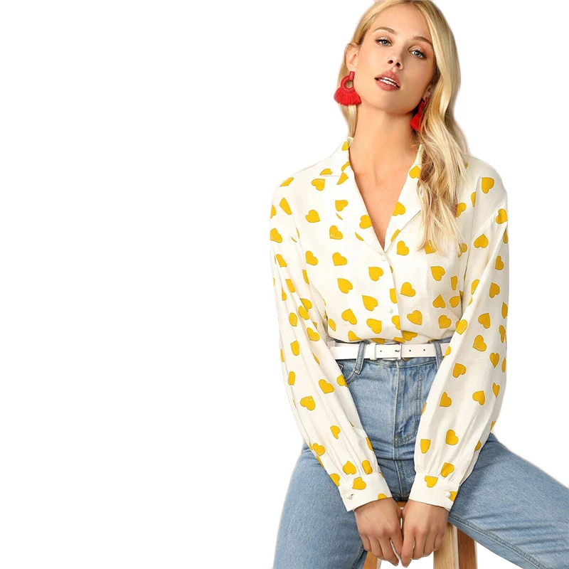 Dotfashion, повседневная желтая блузка с принтом сердца, женская рубашка, осень, на пуговицах, v-образный вырез, блузки для девушек, отделка, милый топ