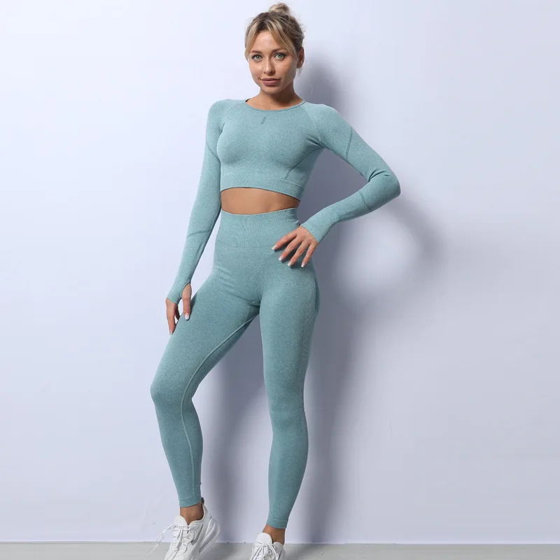 

Yuerlian Seamless Women Yoga Suit Long Sleeve Tight Crop Top High Waist Leggings Tracksuit Fitness TShirt Workout Pants Gym Suit