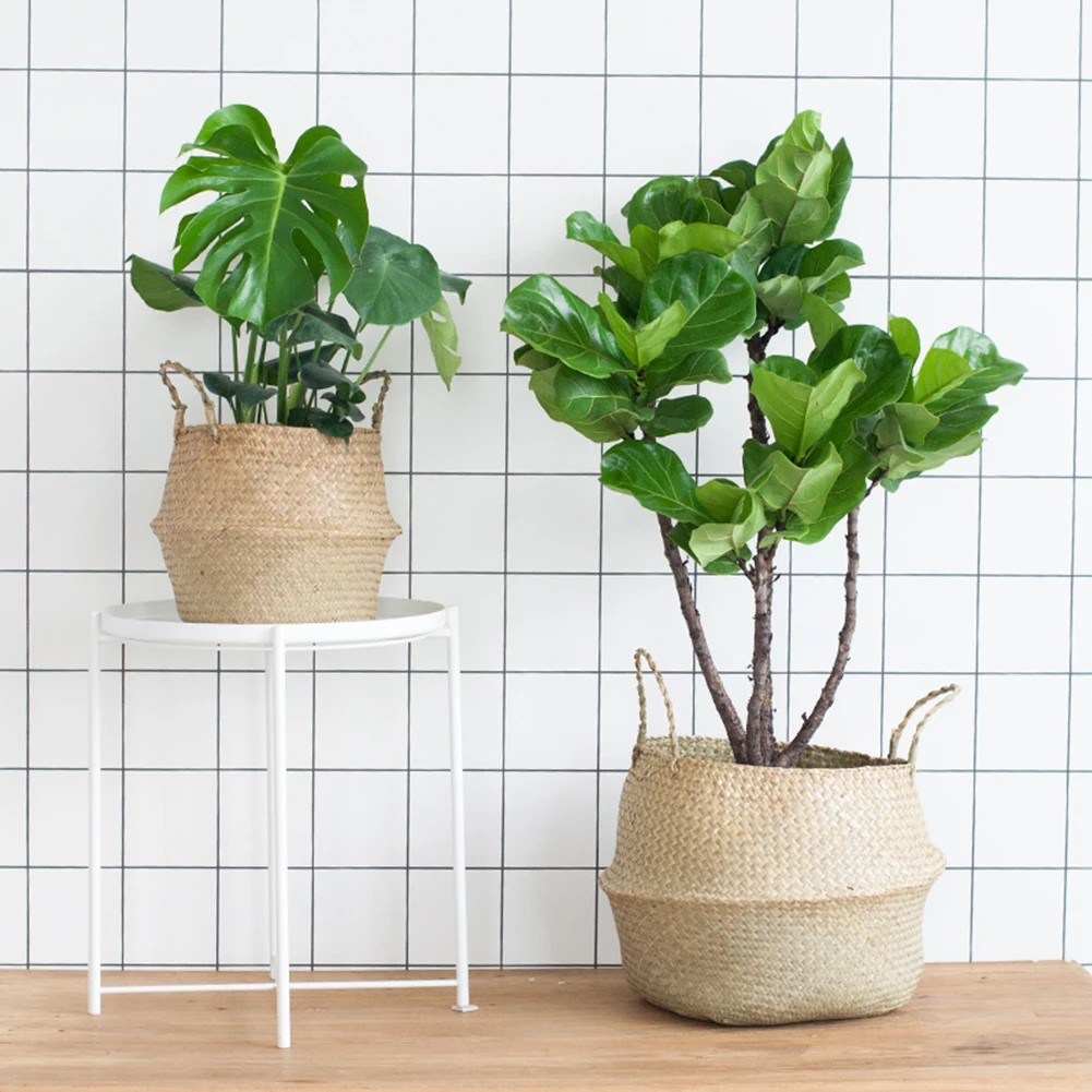

19/23/28cm Seagrass Basket Hanging Folding Plant Decor Belly Woven Storage Laundry Wicker Rattan Flower Pot Planter Home Garden