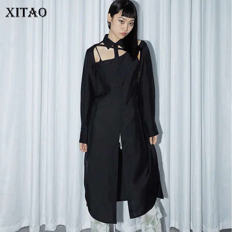

XITAO/черная однобортная рубашка средней длины с вырезами; Новое поступление 2021 года; Летняя Повседневная модная универсальная рубашка; DZL2831