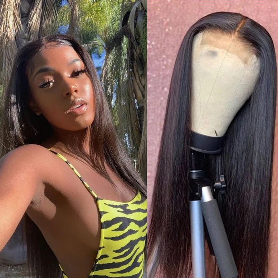 Fechamento do Laço Peruca com o Cabelo do Bebê Brasileiro em Linha Reta do Cabelo do Laço Perucas de Fechamento do Cabelo Humano para Preto Frente Feminino Remy 4×4 150%