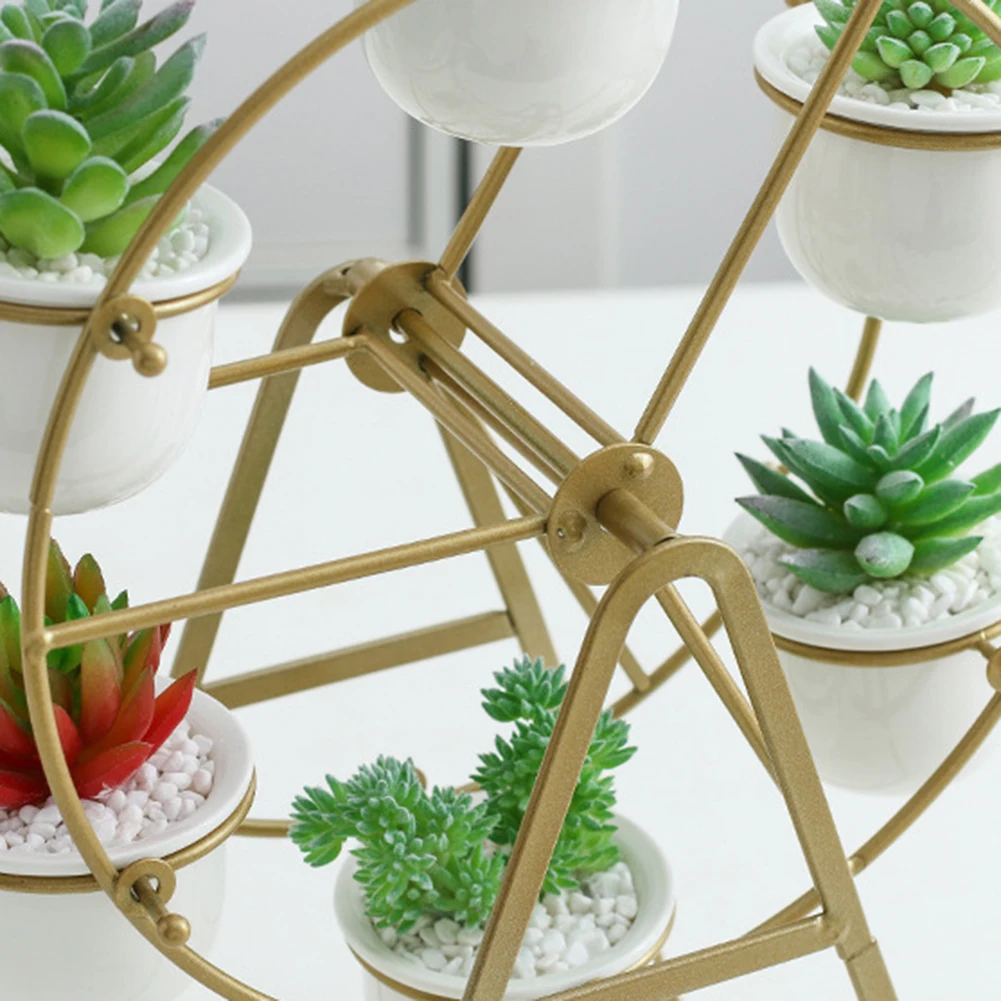

Ferris Wheel Plant Stand with 6 Succulent Pots Modern Decorative Ceramic Flower Planter Pot Stand for Home Office Desk E