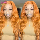 Парики из натуральных волос имбирного оранжевого цвета для женщин 13x4 HD, парики с сетчатой фронтальной линией Lucky Queen, бразильские волнистые парики с сетчатой основой 4x4