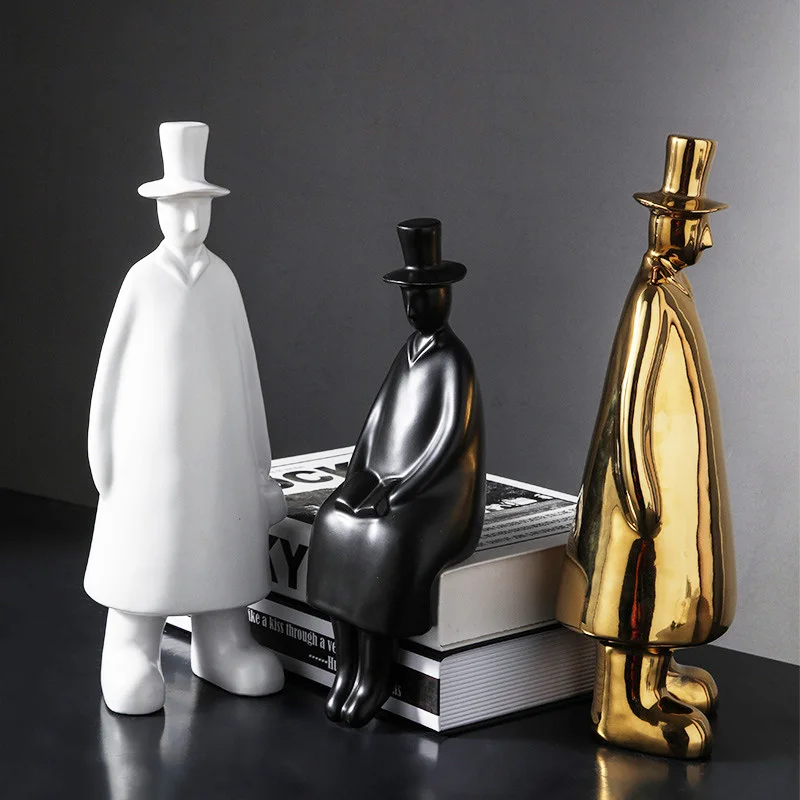 

Nordic gentleman sculpture Mr Hat gold decorative figurines for solid house black white people statue decoration of the room man