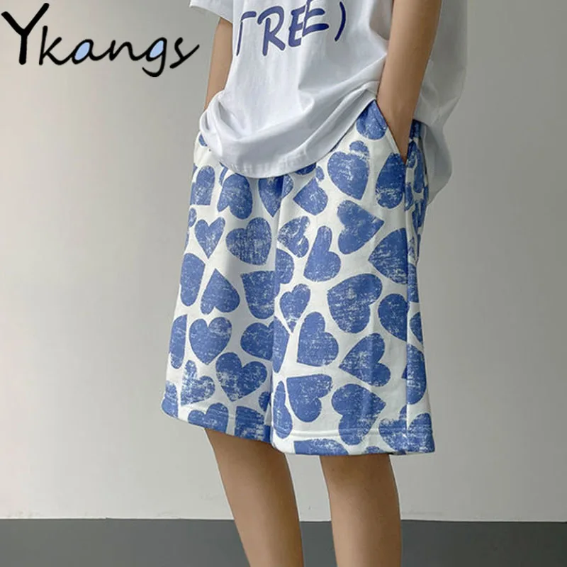 

Шорты женские с завышенной талией, повседневные свободные спортивные Прямые велосипедные спортивные в стиле Харадзюку, с принтом сердец, м...