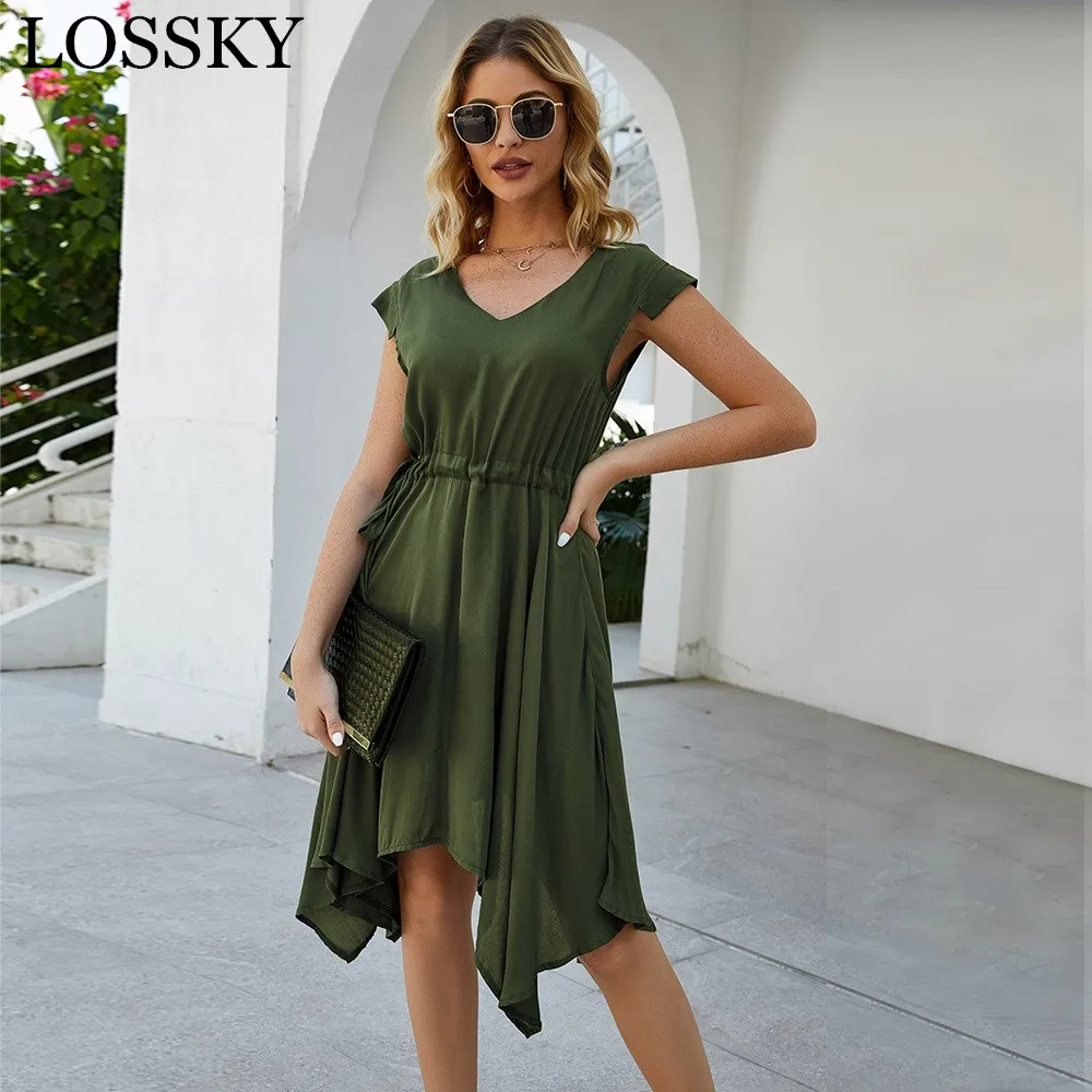 

Women 2020 Summer Solid Casual Midi Dress V Neck Sleeveless Irregular Eleagnt Belt Red Black Holiday Beach Party Dress Vestidos