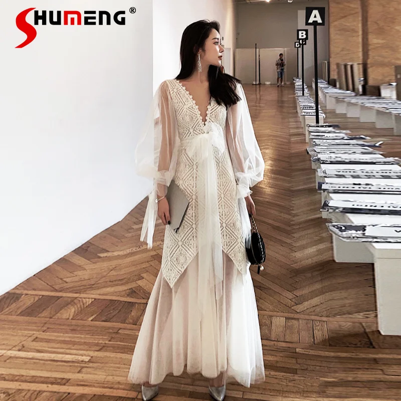 

Elegant Deep V-neck Hollow Lace White Long Dress Sexy Mesh See-through Long Sleeve Multi-layered Maxi Dresses Women Party 2022