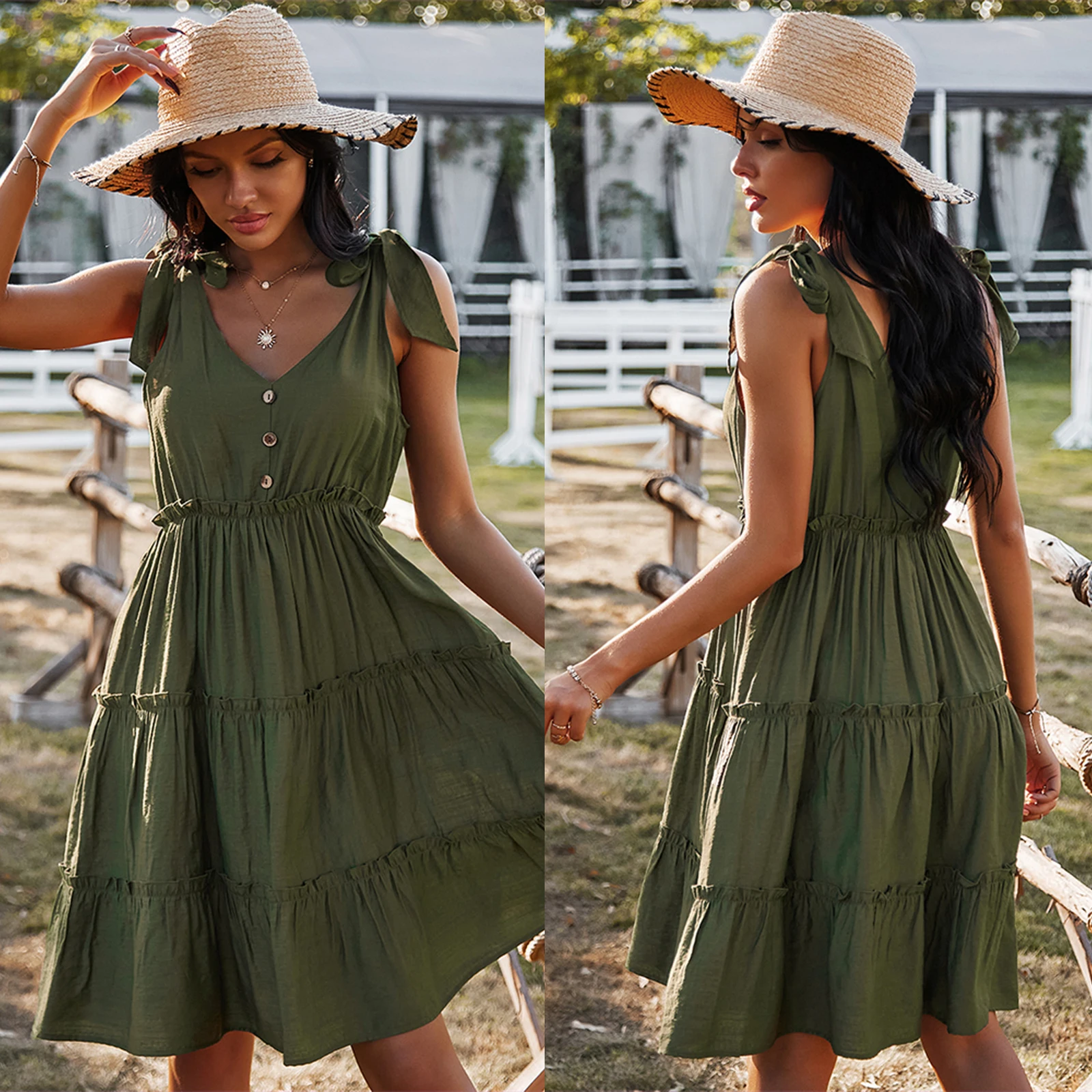 

Women Fashion Sleeveless V-neck Dress Ladies Stylish Solid Color Dress for Daily Wear
