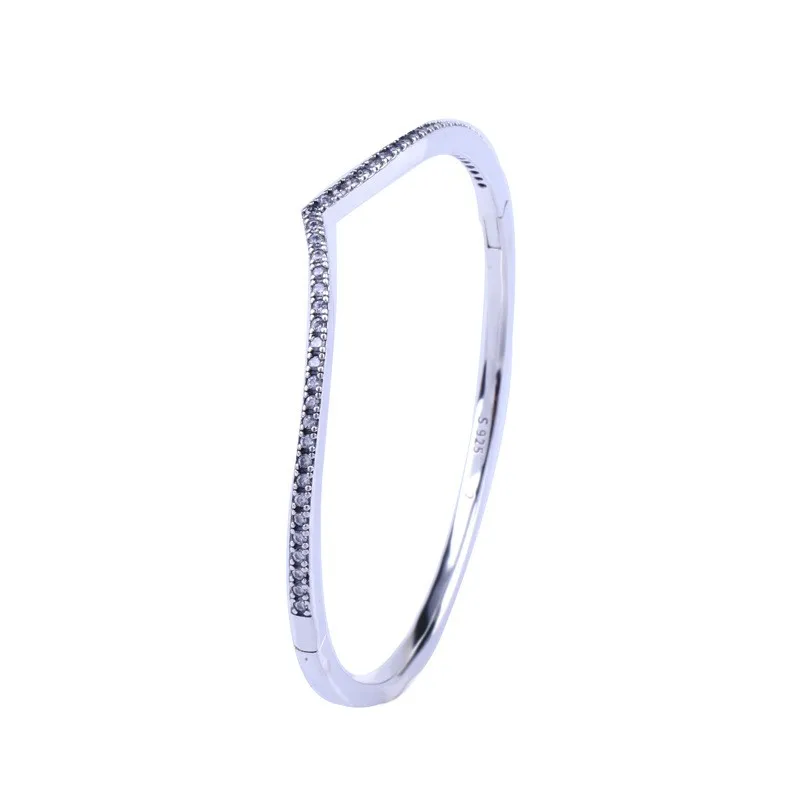 

100% 925 Sterling Silver Pan Bracelet Shiny V-shaped With Crystal Pan Bracelet Fit European Charm Bracelets Women Jewelry