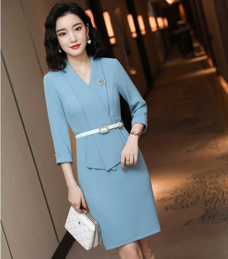 

Elegant Blue Half Sleeve Dresses Sping Summer Slim Hips Women Business Work Wear V-neck Dress Beauty Salon Vestidos with Belt