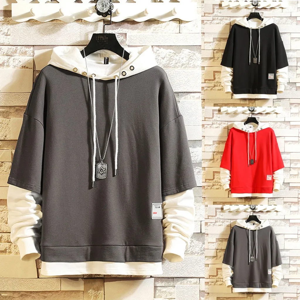

Vogue Multicolor Male Hooded Stitching Hooded long-sleeved Sweatshirt Round Neck Show Youthful Vitality Warm Loose Blouse Men