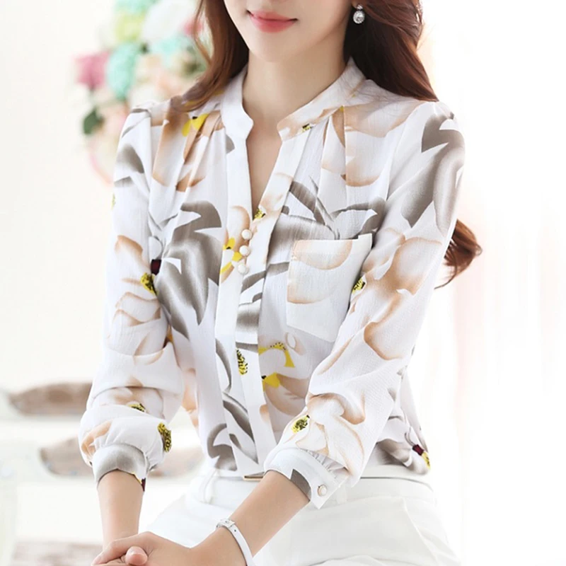 Осенние модные женские блузки с длинным рукавом шифоновая рубашка v-образным