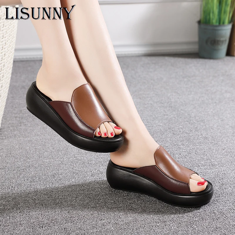 

LISUNNY Woman Platform Flip Flops 2020 New Summer Women Genuine Leather Slipper High Heel Shoes Women Slippers
