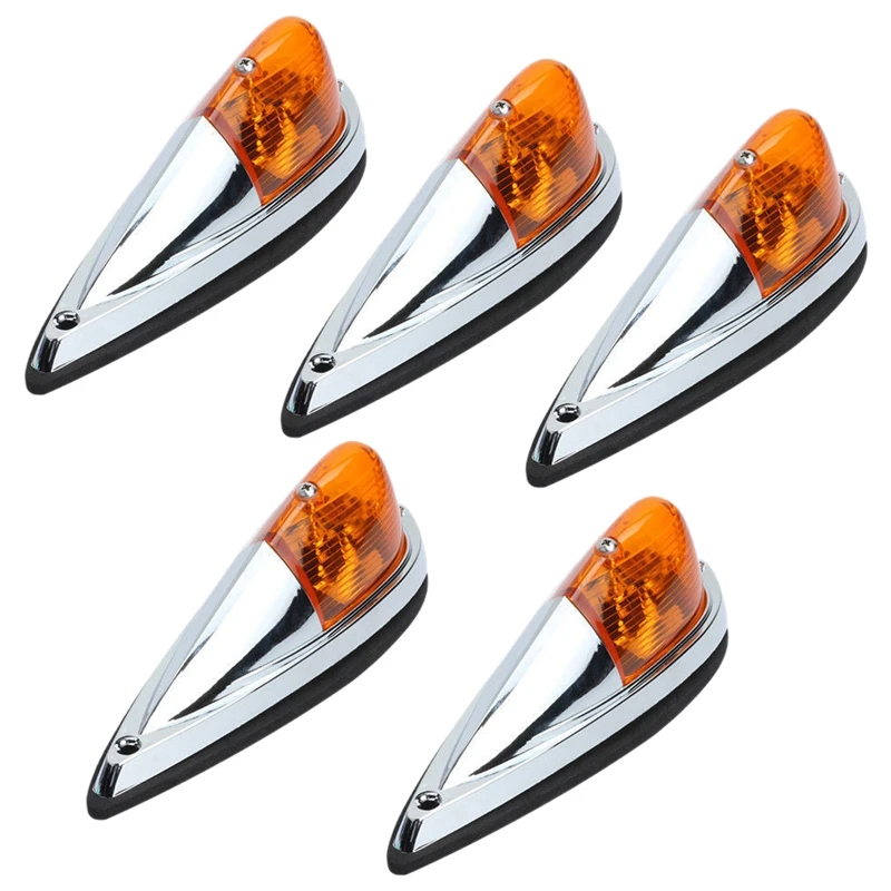 

5X Truck Semi-Trailer Chrome Base Amber Lens Cab Roof Top Light Amber LED Bulbs Universal for Trucks Trailers Tractors