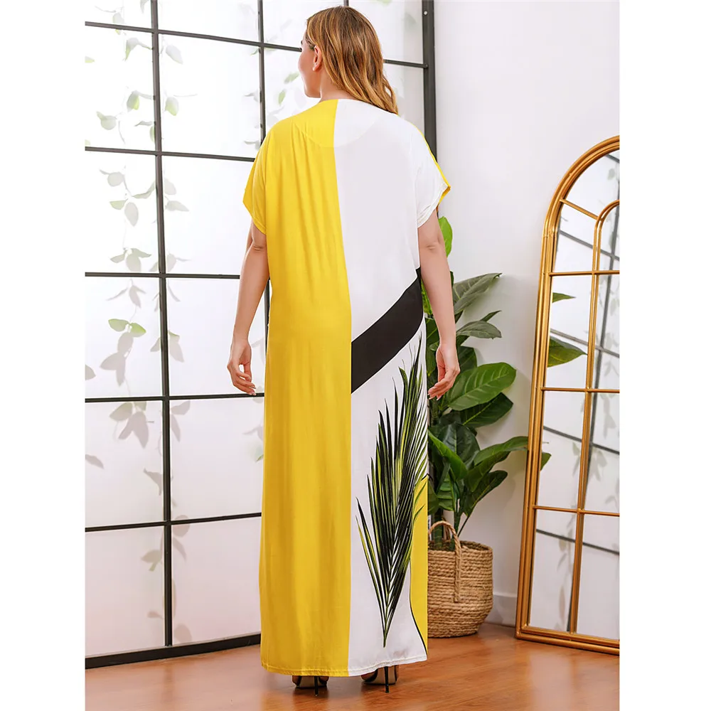 

Plus Size Muslim Women Dresses Summer Short Sleeve Casual V-Neck Printed Vintage Islamic Abaya Long Maxi Arab Robe Kaftan Caftan