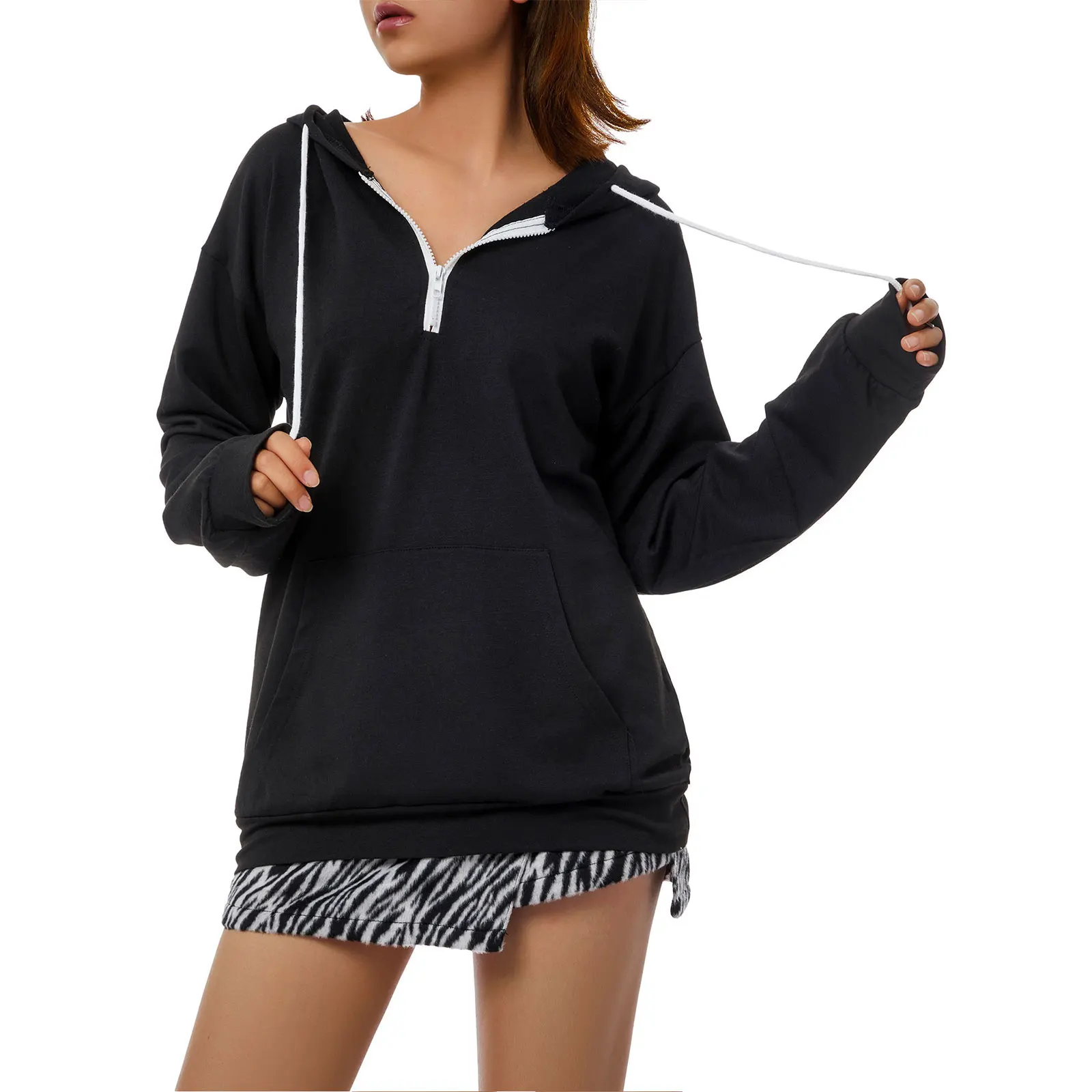 

Women Hooded Drawstring Zip Sweatshirt Trendy Hoodie Solid Color Hooded Long Sleeve Zipper Pullover Sweatshirt with Pocket