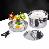3pcs outdoor cookware set stainless steel plate stacking pots hiking picnic pot camping hiking cookware picnic cooking bowl pot
