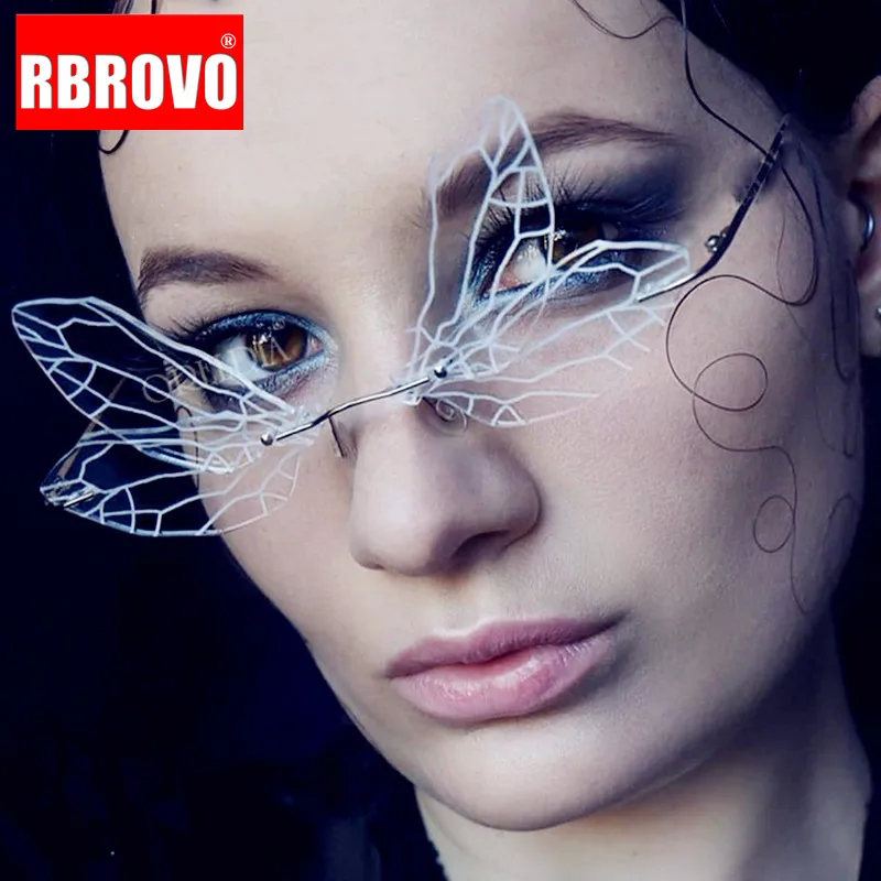 

RBROVO Wing Retro Sunglasses Women 2021 Brand Designer Glasses for Women Rimles Eyeglasses Women Mirror Oculos De Sol Feminino