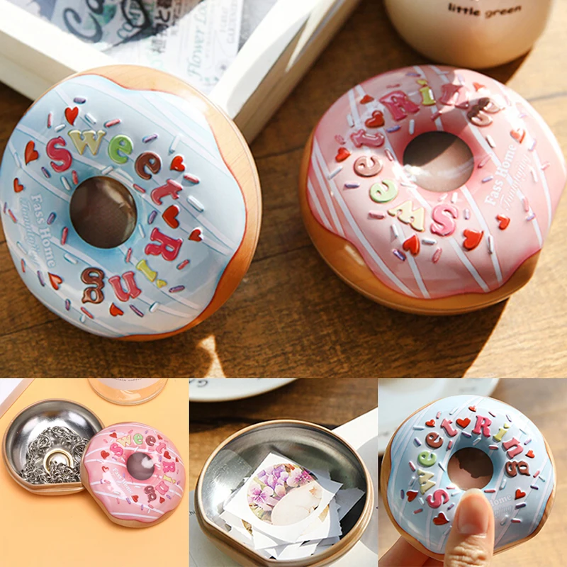 

Cute Ultra-realistic Donut Tin Box Jewelry Candy Gift Box Small Sundries Storage Boxes Cans Coin Earrings Headphones Gift Box