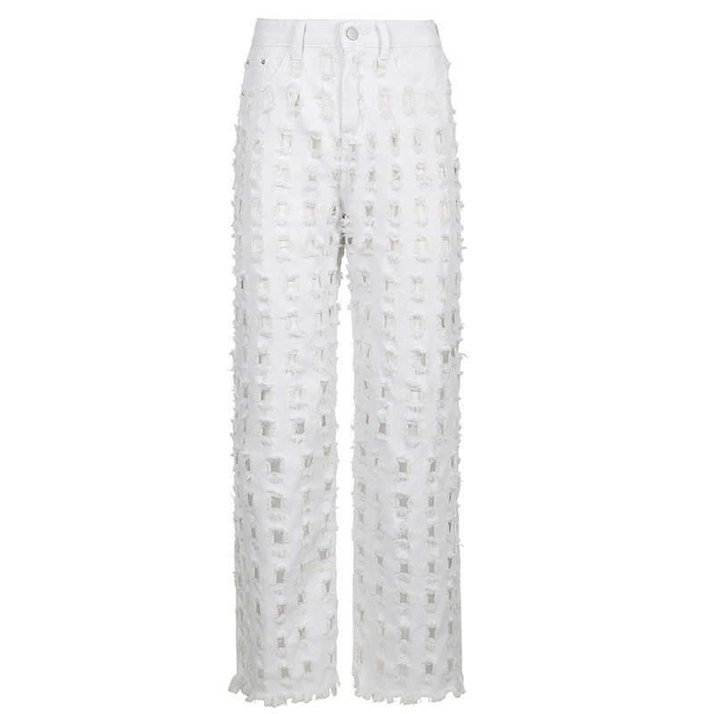 

Weekeep Sexy Plaid Hollow Out High Waist Jeans Streetwear Women Club Casual Pants Summer Casual Harajuku White Denim Cargo Pants
