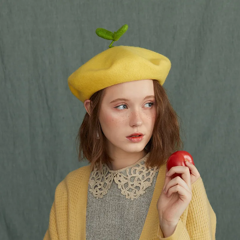 

Береты ручной работы из шерсти и фетра симпатичная растущая Зеленая Шапка художника Зимние головные уборы креативный подарок Ретро Художе...