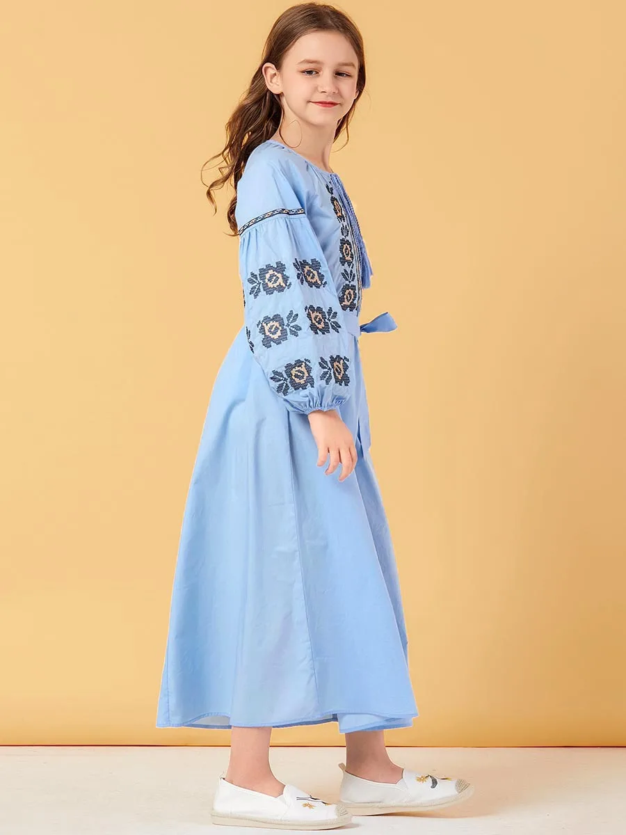 Teenage Girl Princess Embroidery Long Dress with Belt Sleeve Light Blue Maxi Muslim Girls Casual Clothing | Детская одежда и обувь