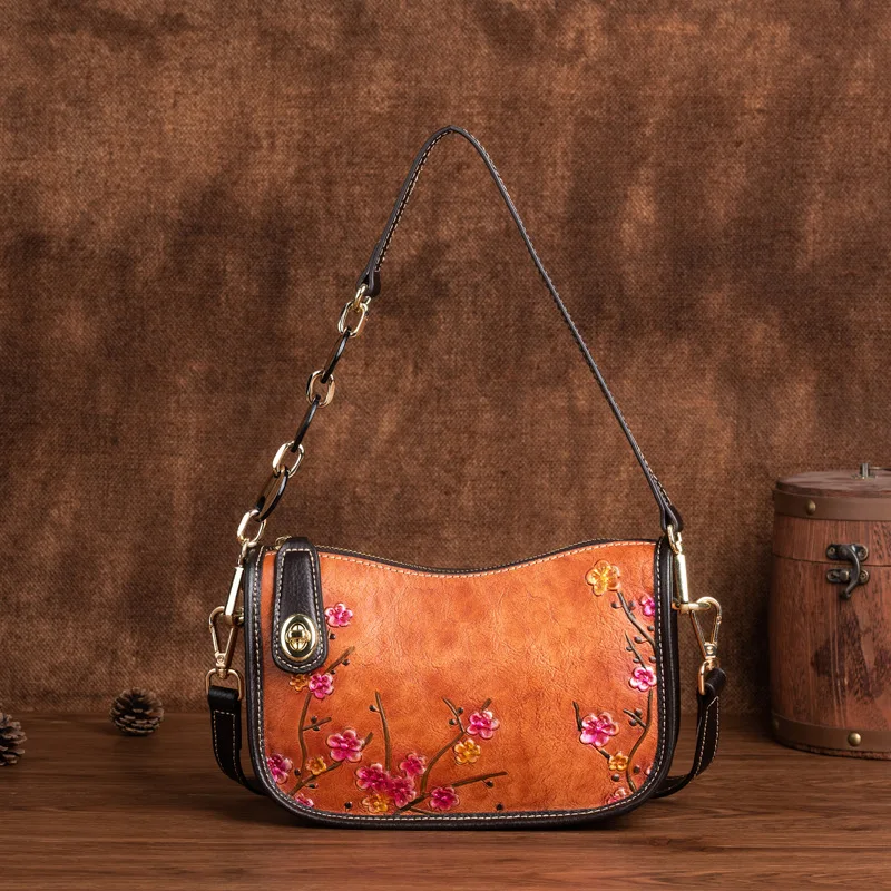 

2022 Retro Women Shoulder Bag Genuine Leather Underarm Bag Frist Cowhide Fashion Simple Wild Embossed Messenger Bag