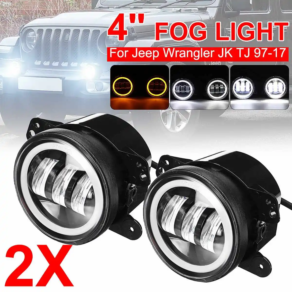 2PCS 4" Inch 30W Round LED Fog Lights Driving Lamps Turn Signal Light IP65 For Dodge Chrysler Wrangler JK TJ DOT, SAE,E9