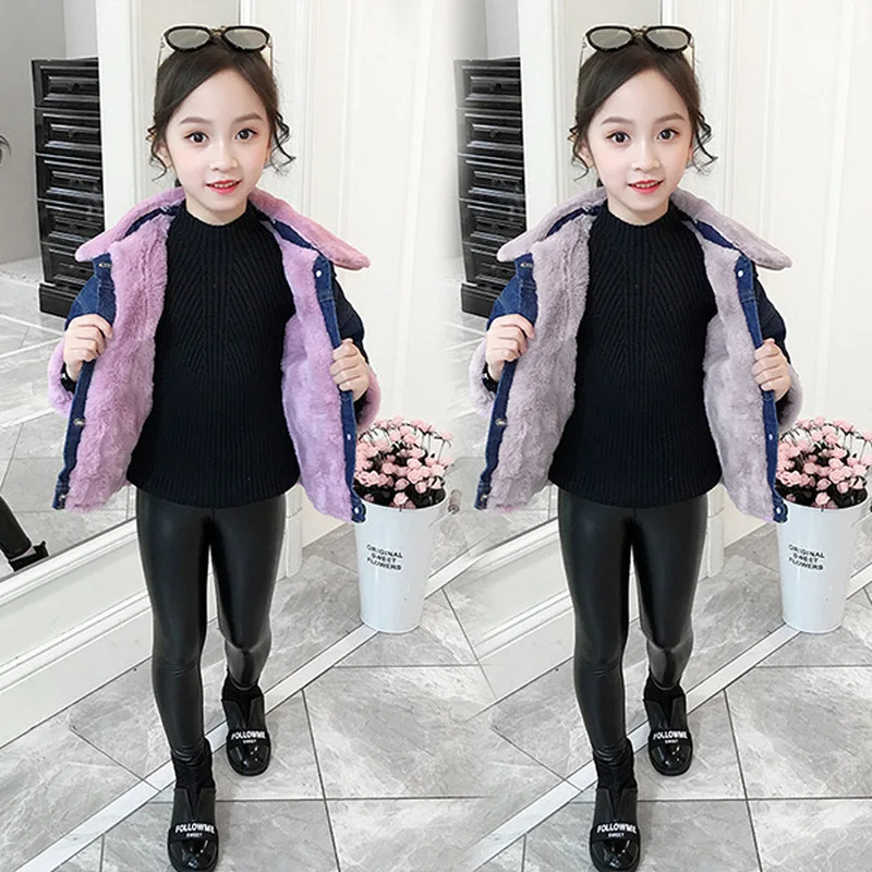 Детские джинсы для девочек зимняя детская теплая ветровка с отложным воротником