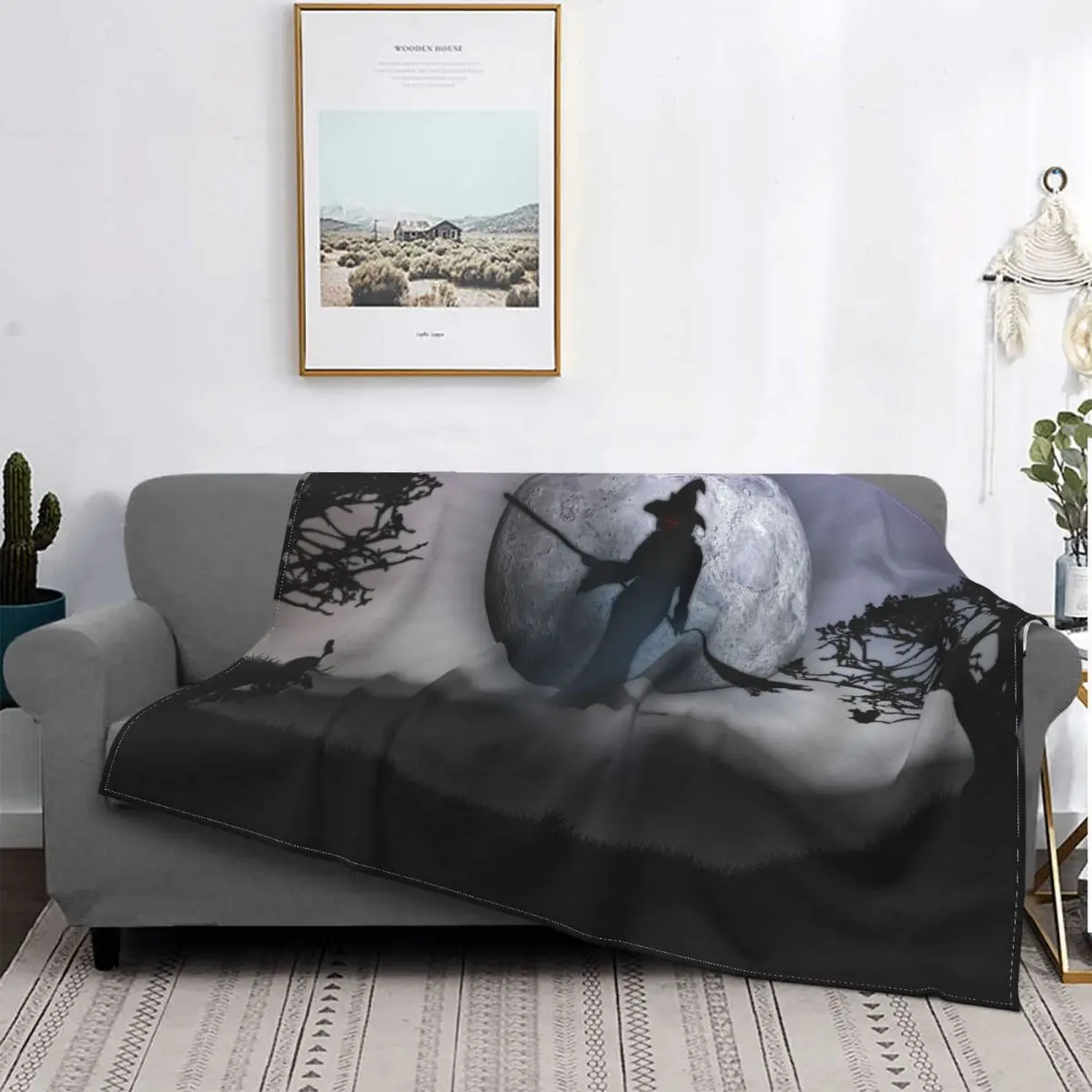 

Red Eyes Spooky Witch Moon Rabbit Knitted Blanket Fleece Halloween Horror Throw Blanket for Car Sofa Couch Bedroom Quilt