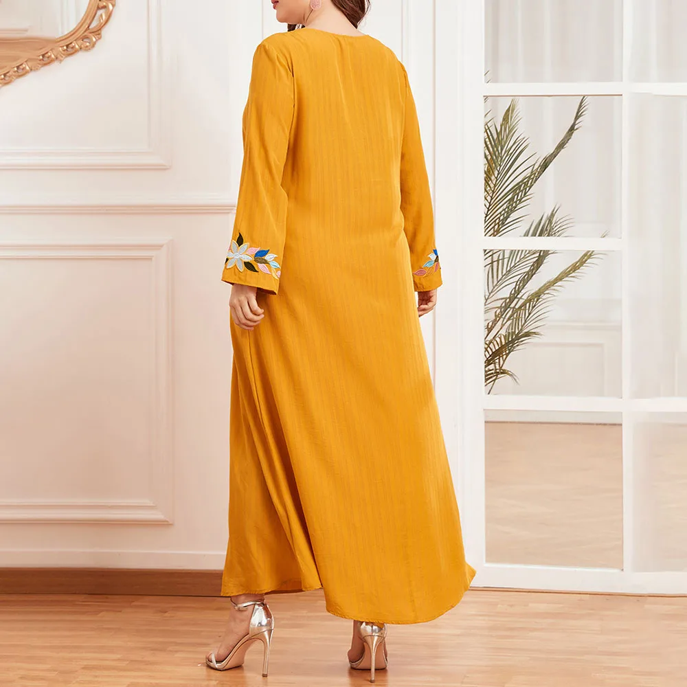 

Summer 2021 Oversize Embroidery Long Sleeve Solid Color Folds Women's Dress Solid Color Round Neck Loose Casual Muslim