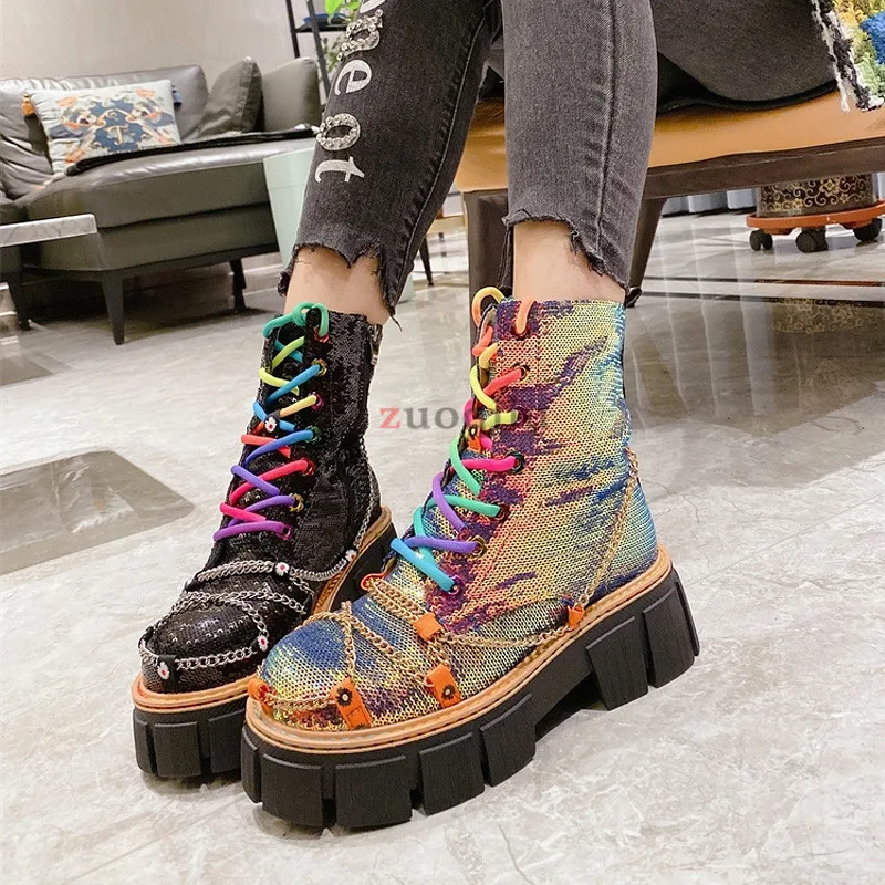 

Ботинки женские осенне-зимние, с блестками, на массивной платформе