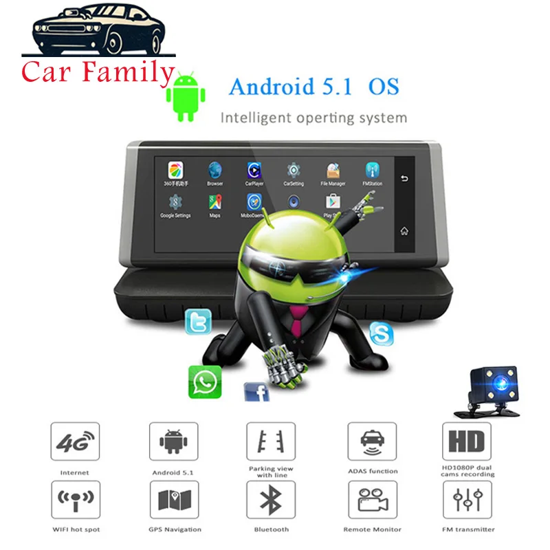 Автомобильный видеорегистратор 8 дюймов Full HD Android 5 1 Touch IPS ADAS 4G WIFI Bluetooth GPS G датчик
