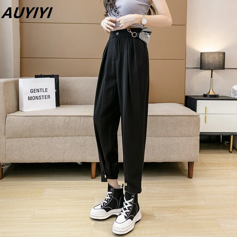 

AUYIYI 2021 Women's Summer Fashion New Elastic Waist Loose Drape Icy Green Trousers Tied Harem Pants Casual Nine Points