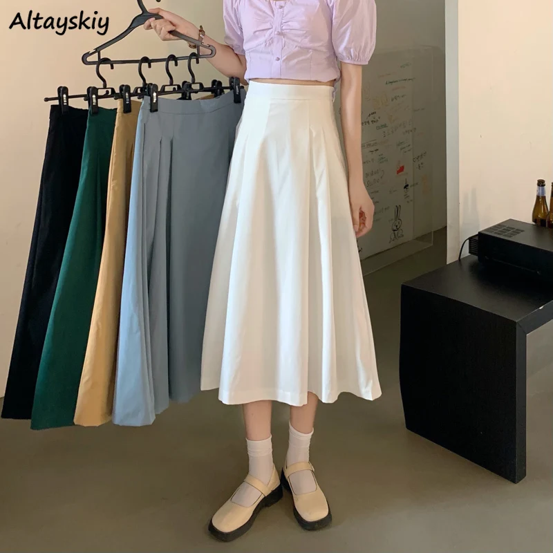 

Skirts Women Empire Solid Mid-calf Leisure Summer Elegant Students Sweet Korean Version Feminino Faldas Stylish Prevalent Soft