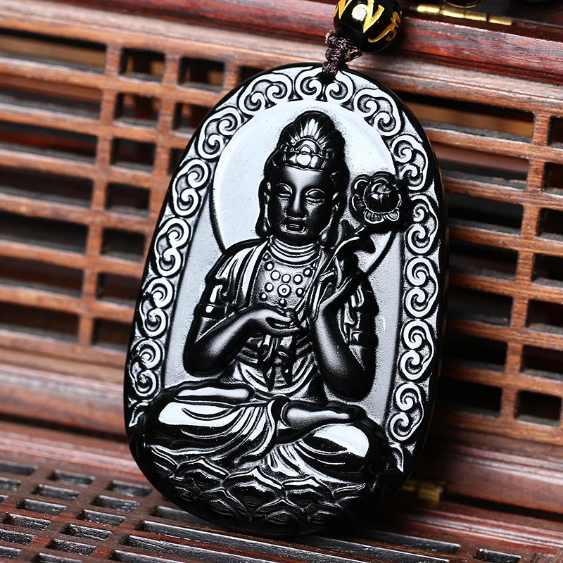 Натуральный черный обсидиан бусы ожерелье ручной работы Будда нефрит кулон