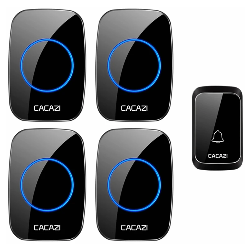 CACAZI Intelligent Waterproof Wireless Doorbell 1 Button 4 Receiver LED Light Home Cordless Call Ring Bell US EU UK AU Plug |